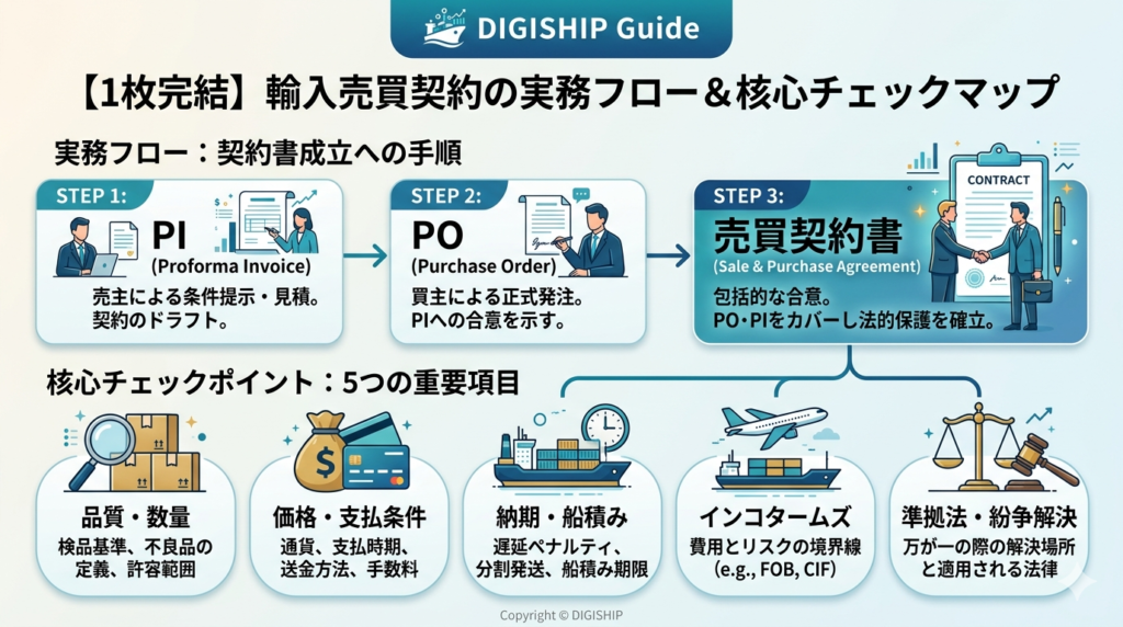 輸入売買契約の実務フロー図：PI・POから契約締結までの流れと5つの重要チェックポイント（品質・価格・納期・インコタームズ・準拠法）