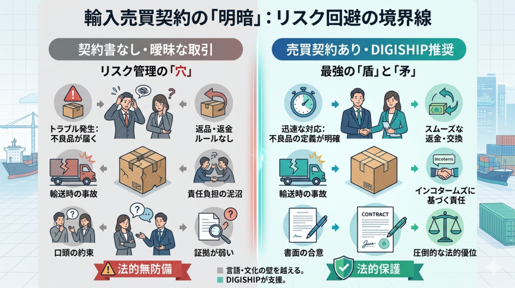 輸入売買契約の比較図（Before & After）：契約書なしの曖昧な取引（トラブル時の泣き寝入りリスク）と、契約書ありのDIGISHIP推奨取引（迅速対応・法的保護）の対比。