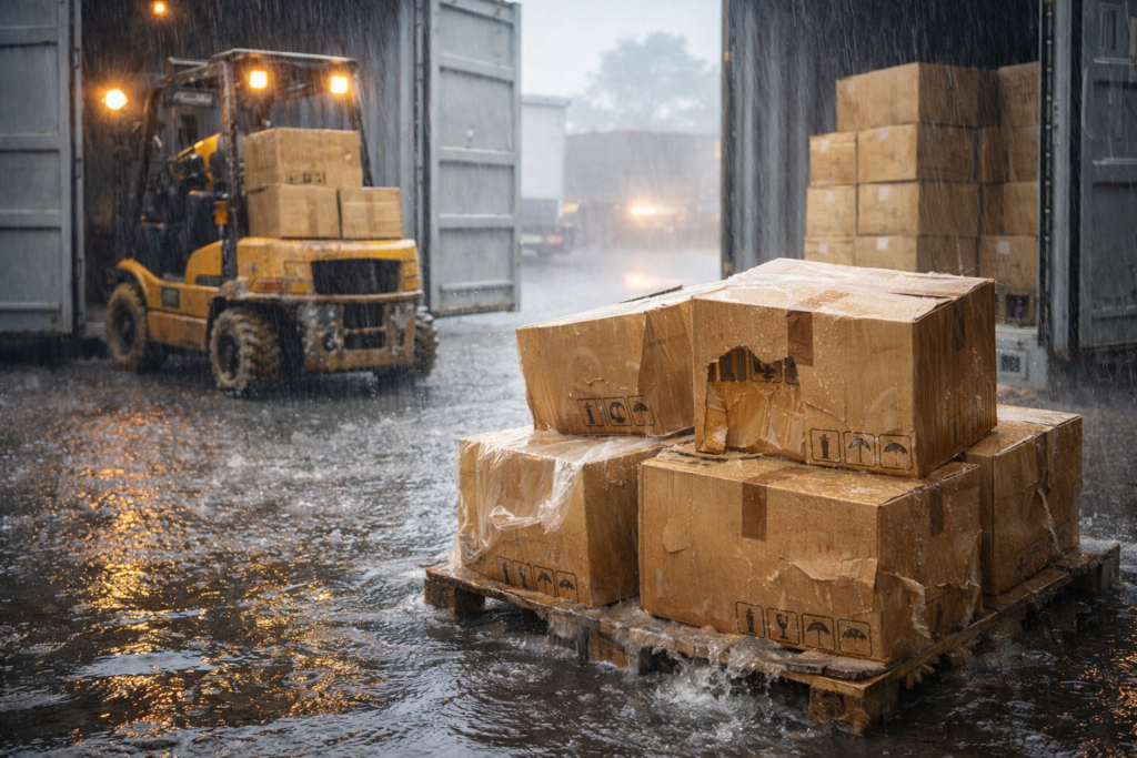 雨天時のバンニング注意点 | 屋根・天蓋のある場所で積み込みを行う 雨に濡れた倉庫内の作業