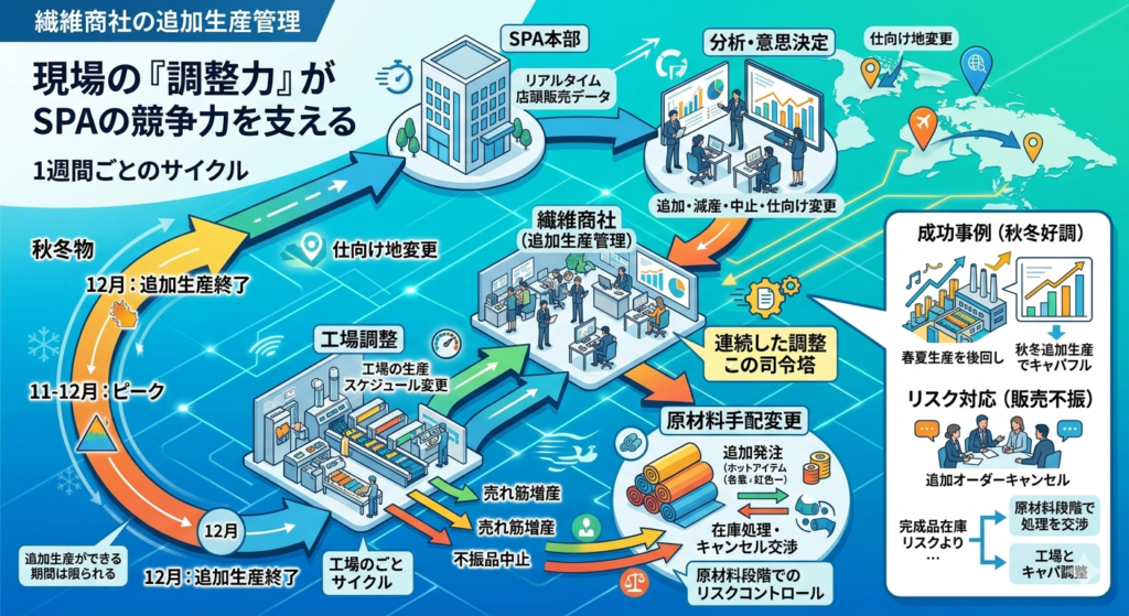 繊維商社の追加生産管理における1週間の調整サイクルとリスクコントロールの図解