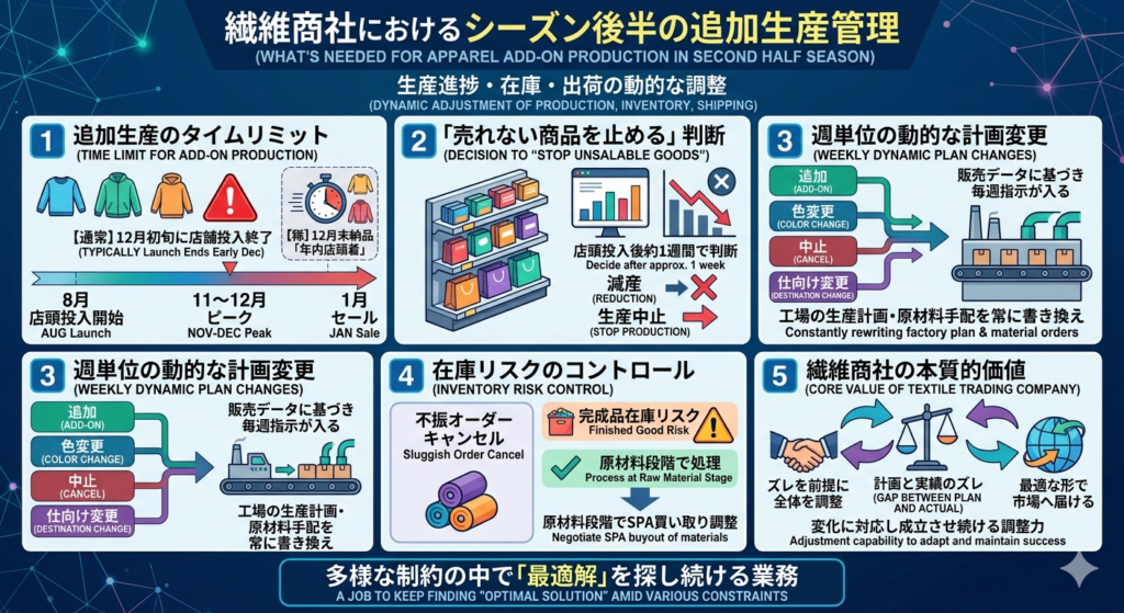 繊維商社の追加生産管理におけるシーズン後半の流れを解説した図。追加生産のタイムリミット、売れない商品の停止判断、週単位の計画変更、在庫リスク管理、商社の調整機能までを体系的に整理。