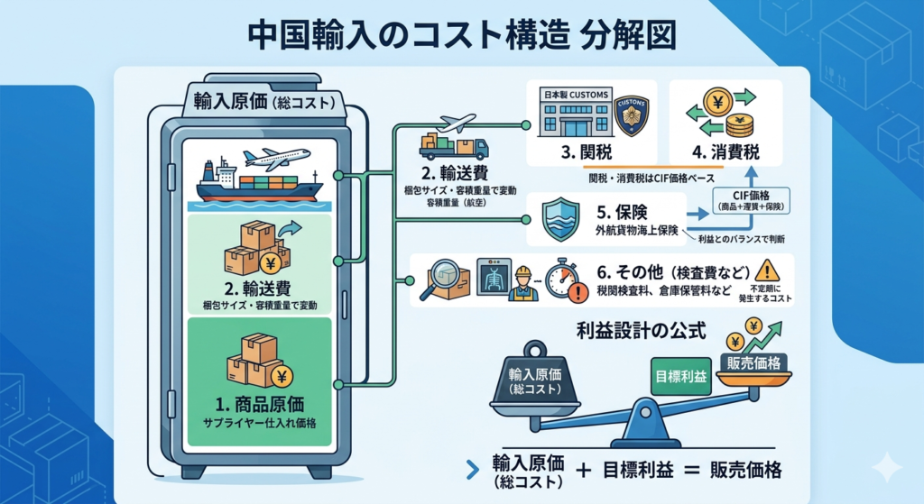 中国輸入のコスト構造｜商品原価・輸送費・関税・消費税・保険の内訳