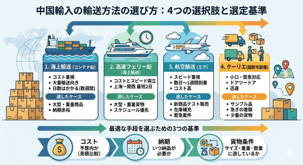 中国輸入の輸送方法の選び方｜海上輸送・高速フェリー・航空・クーリエの比較