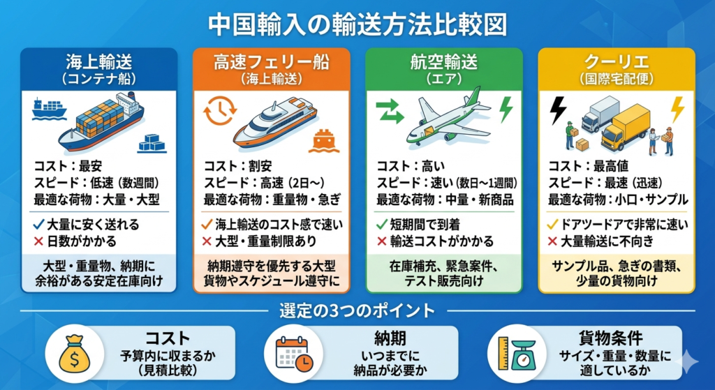 中国輸入の輸送方法比較｜海上輸送・高速フェリー・航空・クーリエのコストと納期
