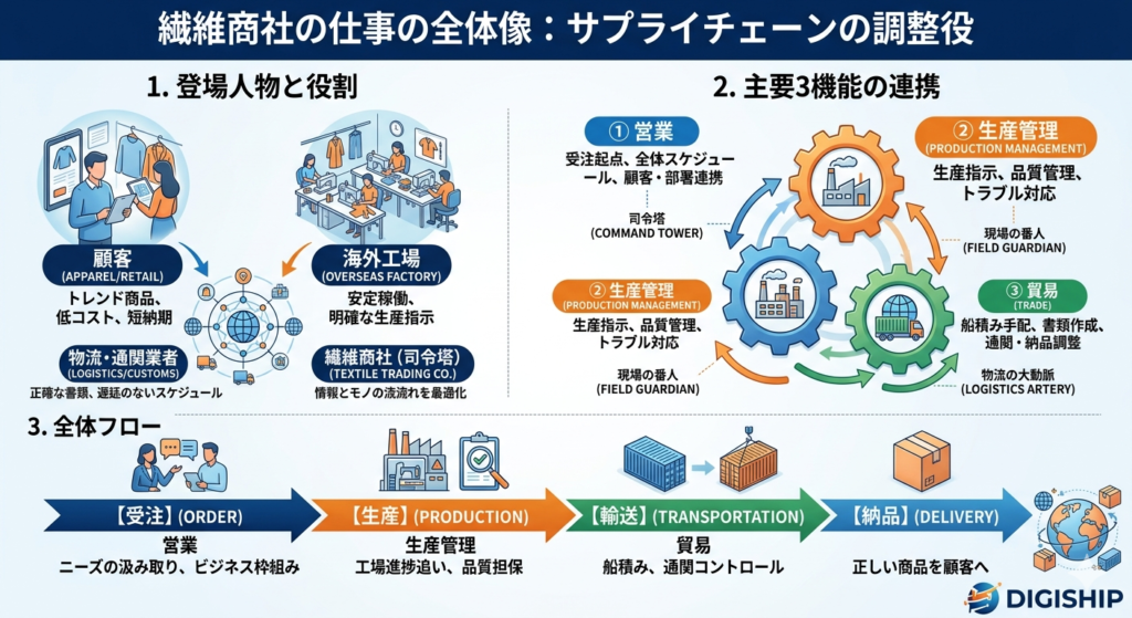 図解で見る繊維商社の仕事内容(全体像) 繊維商社の仕事の全体像:サプライチェーンの調整役