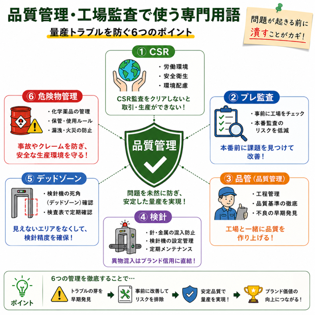 CSR・プレ監査・品管・検針・デッドゾーン・危険物管理など、量産トラブル防止の品質管理用語を図解したインフォグラフィック