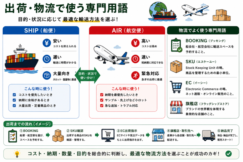 SHIPとAIRの違いや、BOOKING・SKU・EC・旗艦店など出荷物流で使う専門用語を図解したインフォグラフィック