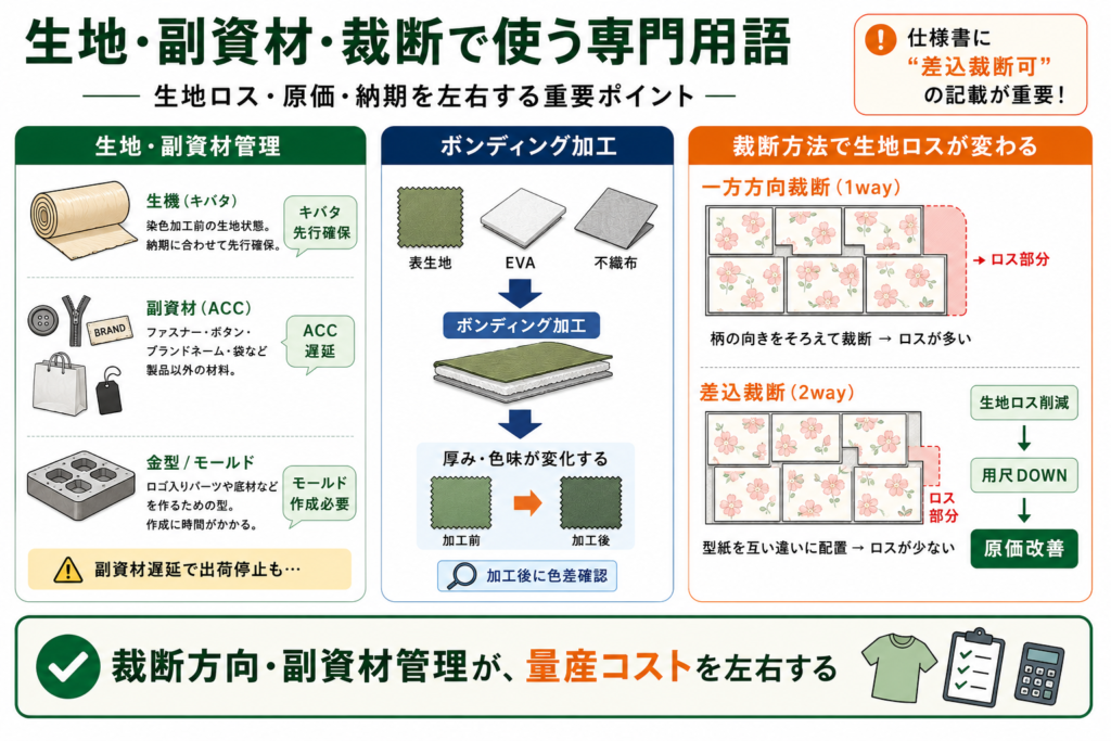 生機・副資材・ボンディング加工・一方方向裁断・差込裁断など、生地ロスと量産コストに関わる専門用語を図解したインフォグラフィック