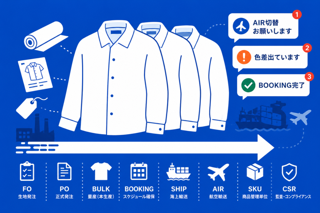 アパレル量産の流れと専門用語を、FO・PO・BULK・BOOKING・SHIP・AIR・SKU・CSRとともに図解したアイキャッチ画像
