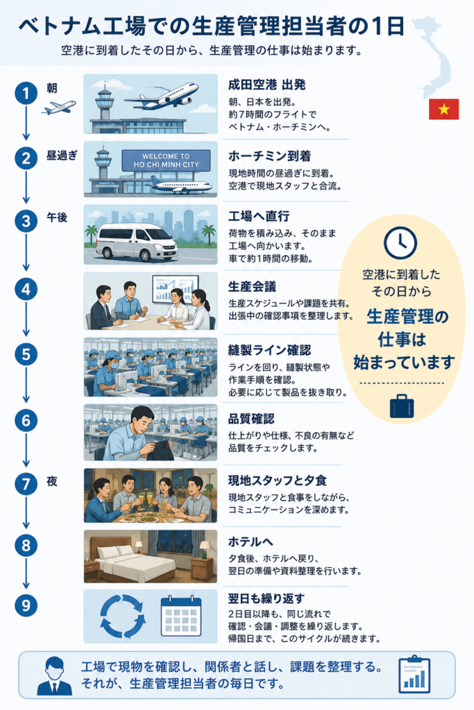 ベトナム工場における生産管理担当者の1日の業務フロー ベトナム工場での生産管理担当者の1日の流れを図解。成田空港出発から工場での生産会議、縫製ライン確認、品質確認、現地スタッフとの夕食、ホテル帰着までの業務フローを紹介。