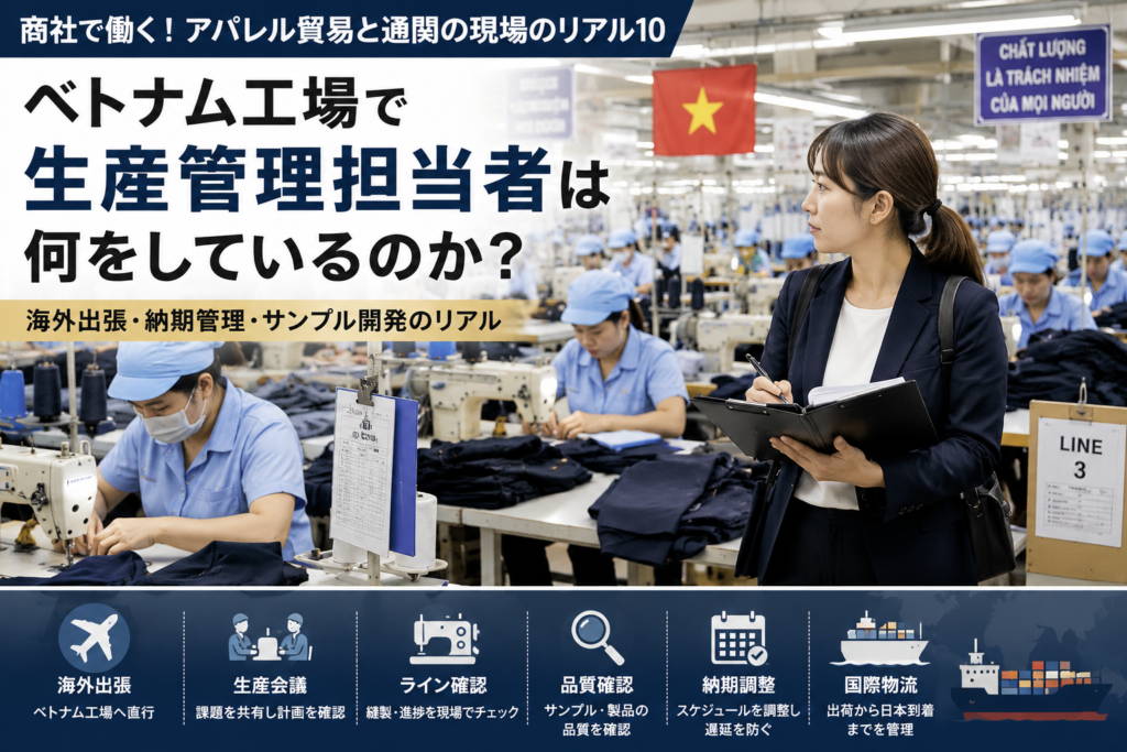 ベトナム工場で生産管理担当者が品質確認を行う様子 ベトナム工場で縫製ラインを確認する繊維商社の生産管理担当者