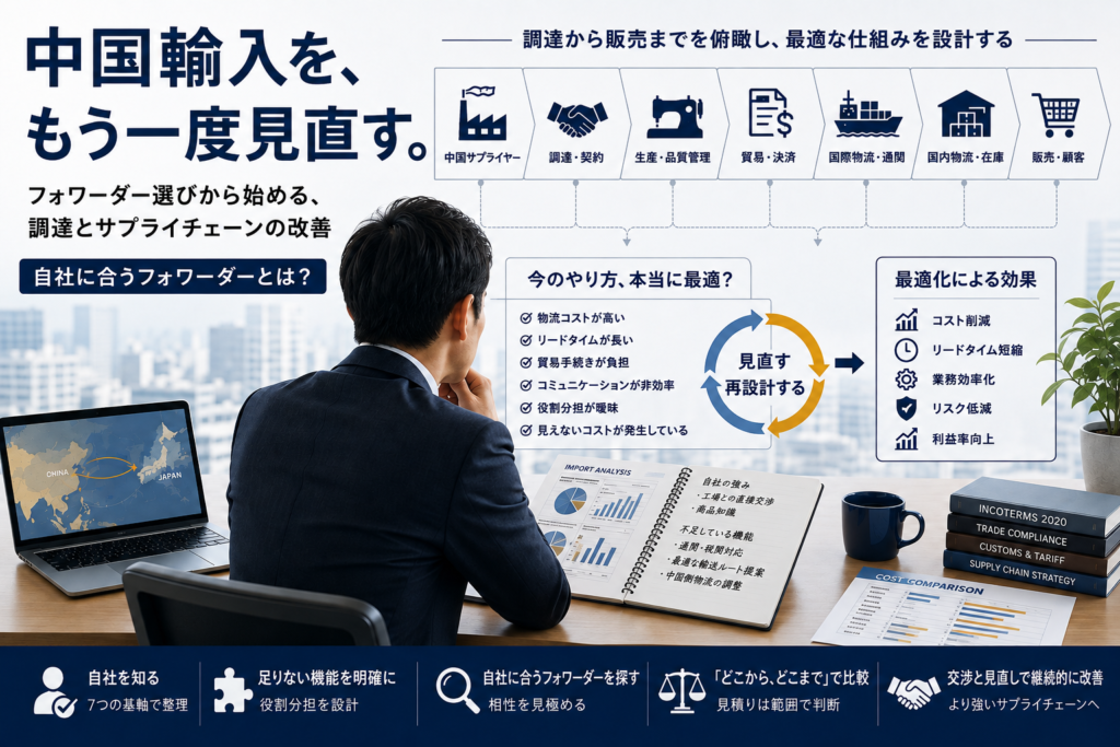 中国輸入フォワーダー選びを起点に、調達から販売までのサプライチェーンを見直すイメージ