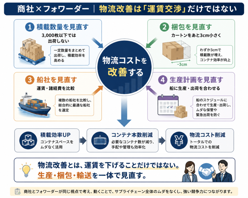 商社とフォワーダーが積載数量・梱包・船社・生産計画を見直して物流コストを改善する4つの方法