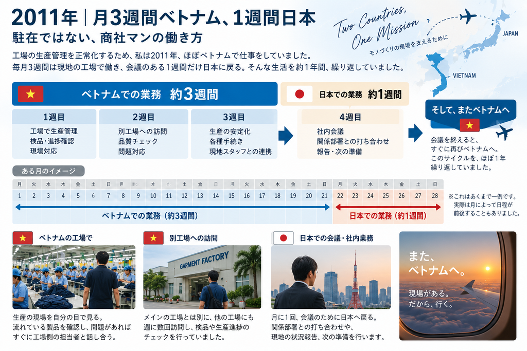 2011年に月3週間ベトナム・1週間日本を往復した商社マンの長期出張と働き方