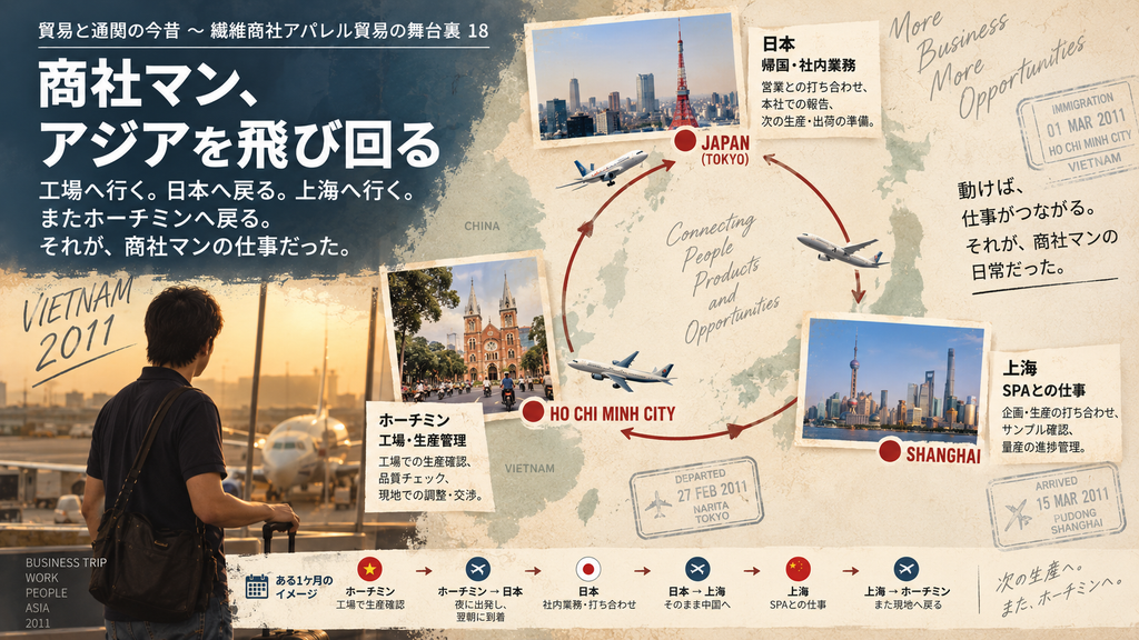 2011年、ホーチミン・日本・上海を行き来した商社マンの長期出張を示すインフォグラフィック