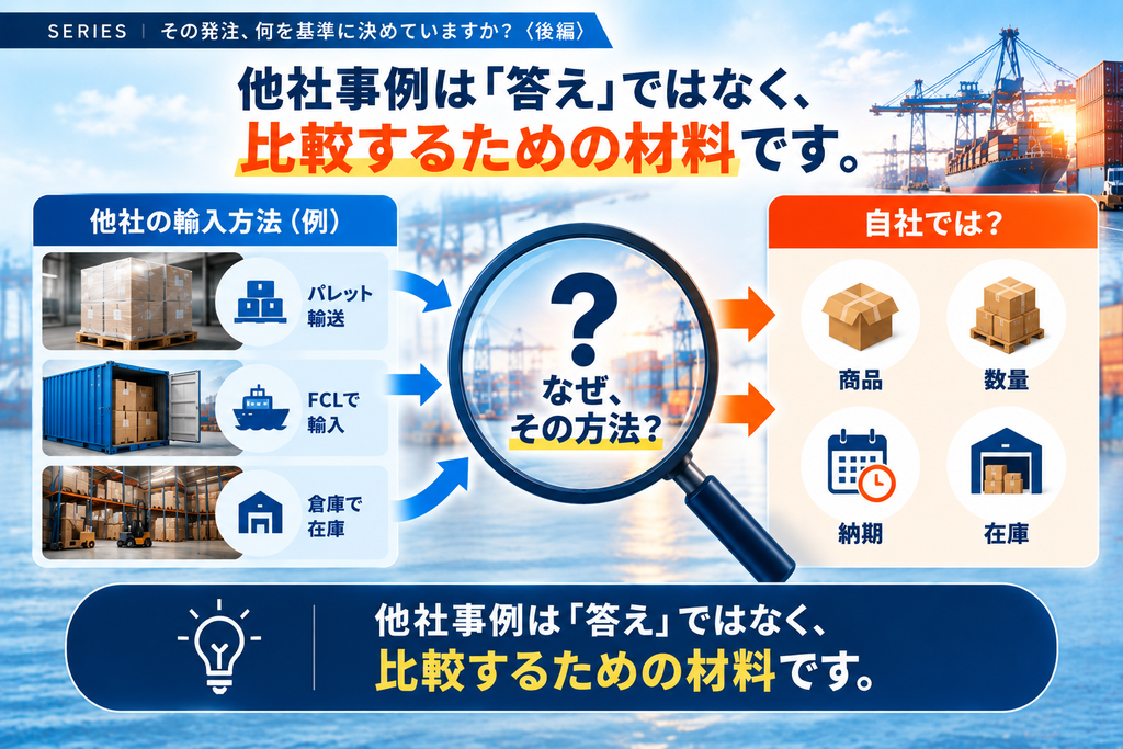 中国輸入で他社の輸入方法を参考に、その理由を考えながら自社の商品・数量・納期・在庫条件と比較する考え方