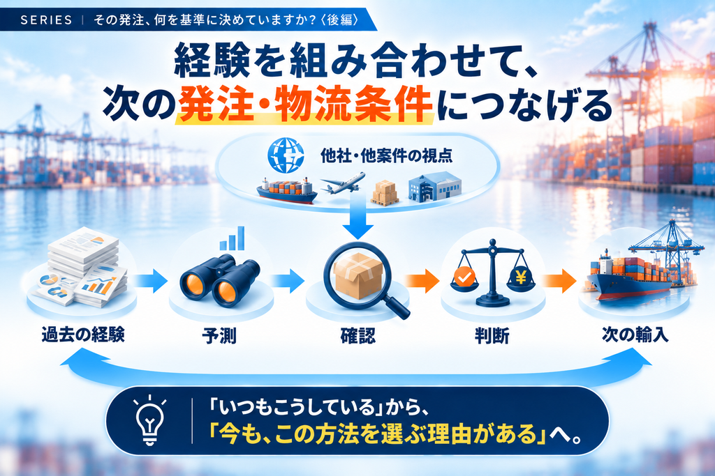 中国輸入で過去の経験と他社・他案件の視点を活かし、予測・確認・判断を経て次の輸入につなげる流れ